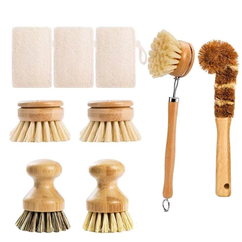 Eco-friendly bamboo cleaning brush set with natural bamboo handles and plant-based bristles, ideal for kitchen cleaning.