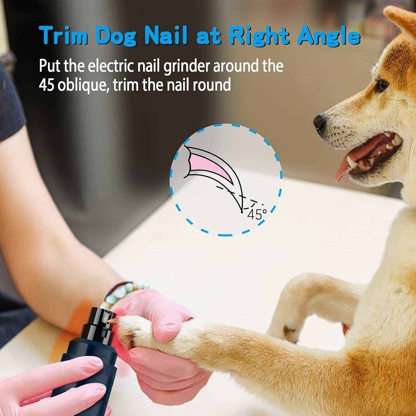 Dog Professional Nail Grinder being used to trim a dog's nails at a 45-degree angle for painless grooming