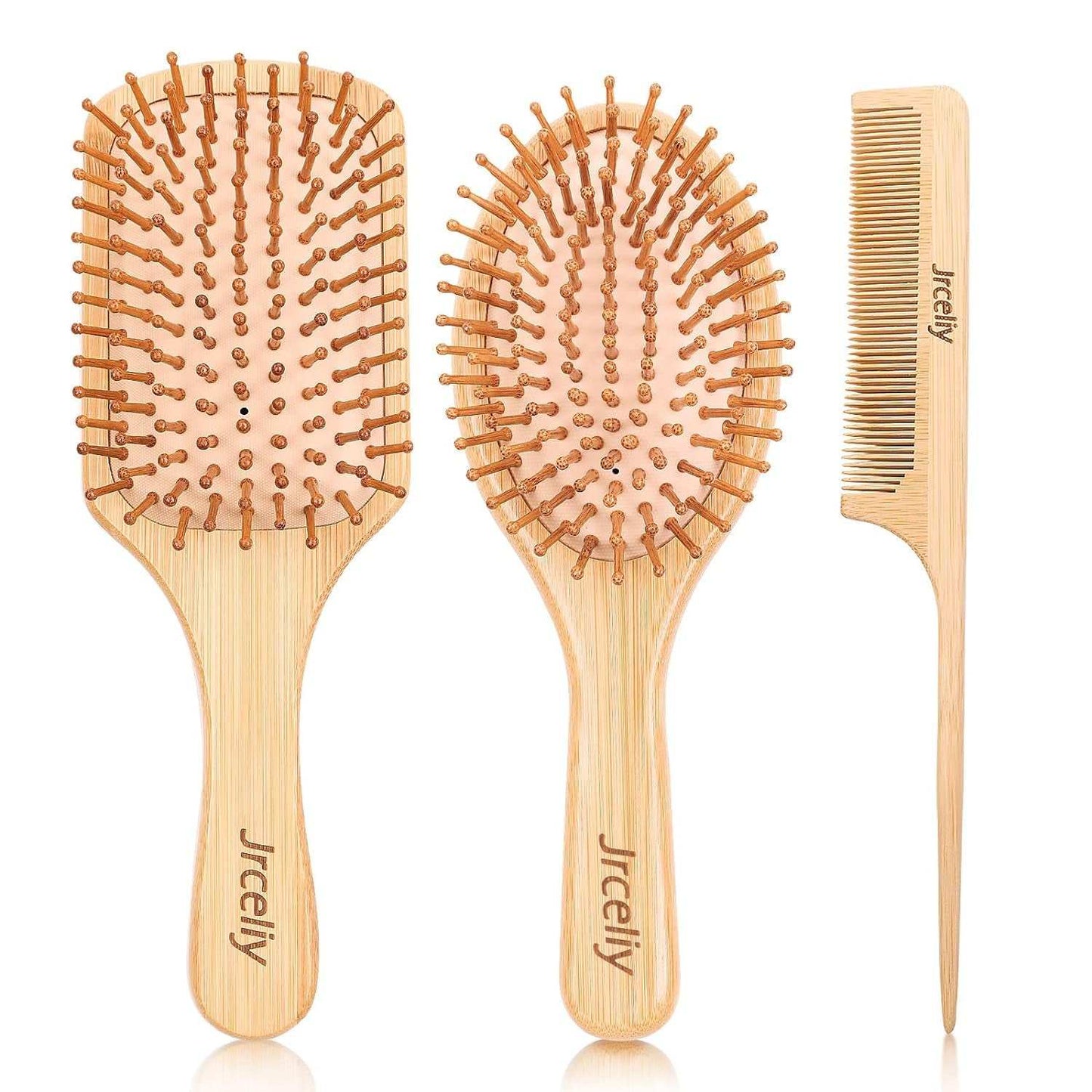 Eco-friendly bamboo hair brush set with paddle, detangling, and styling brushes for all hair types.