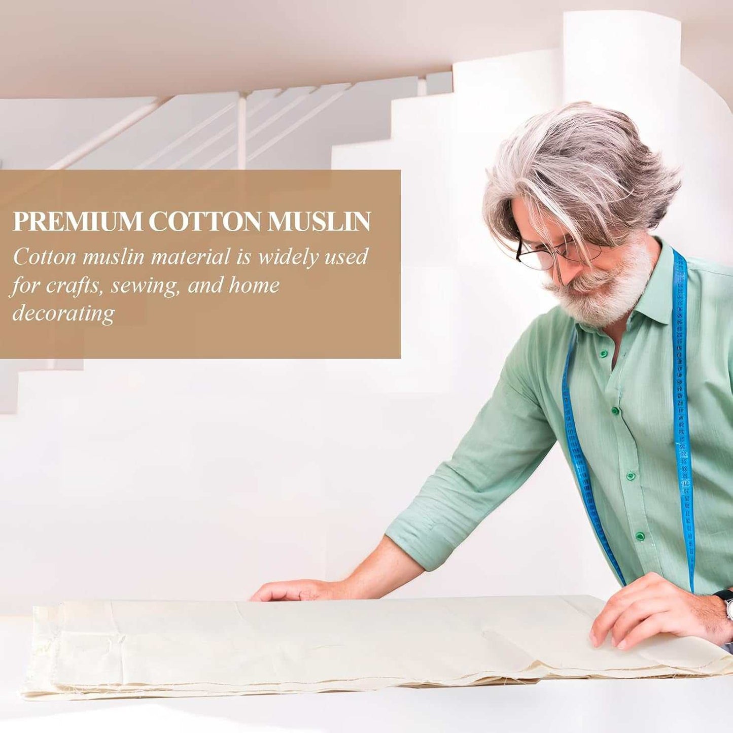 Premium cotton muslin fabric displayed with craftsman; ideal for sewing, embroidery, and home décor projects.
