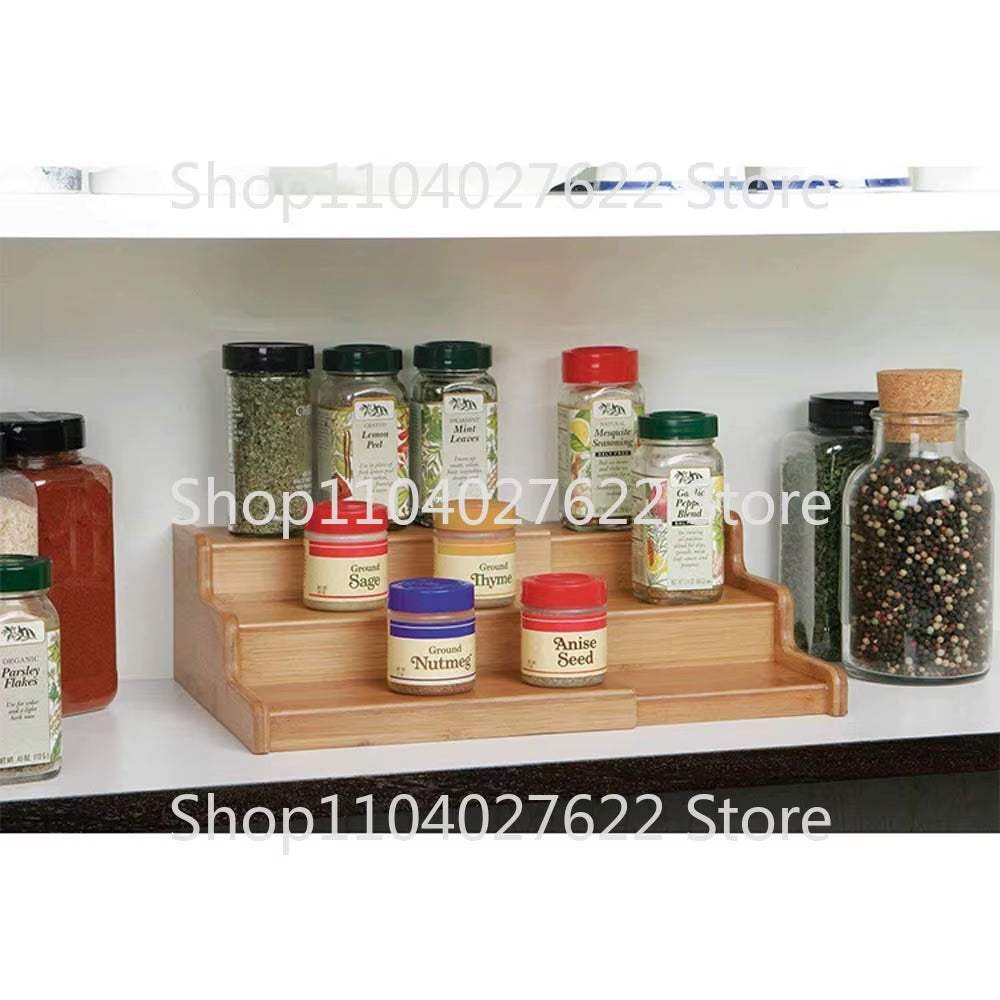 Bamboo 3-tier organizer shelf for kitchen spices and small essentials with a natural finish