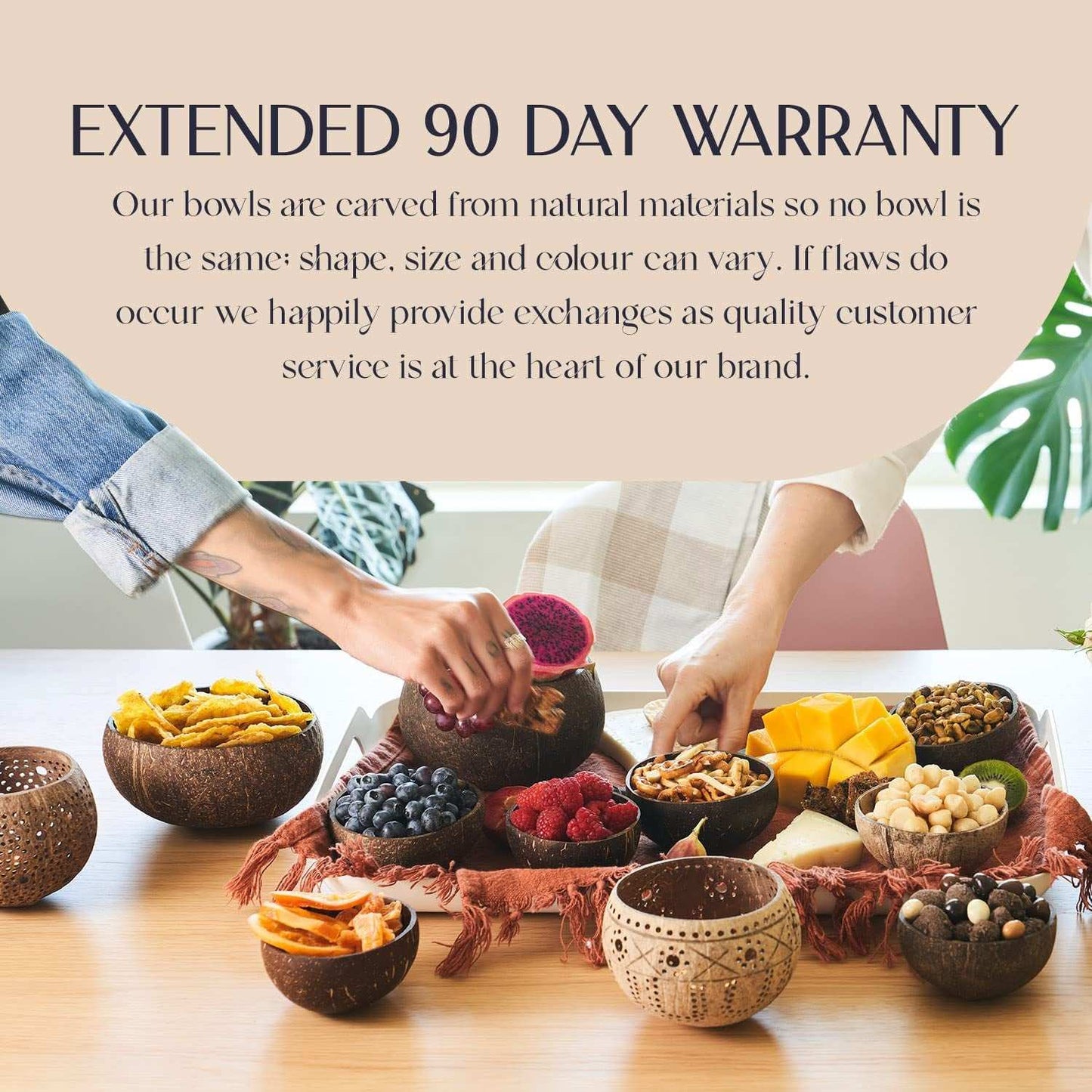 Eco-friendly wooden spoon and coconut bowl set displayed with various snacks, highlighting a natural, sustainable lifestyle.