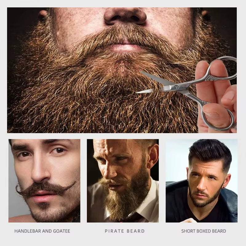 Various beard styles including handlebar and goatee, pirate beard, and short boxed beard, highlighting men's grooming and shaving.