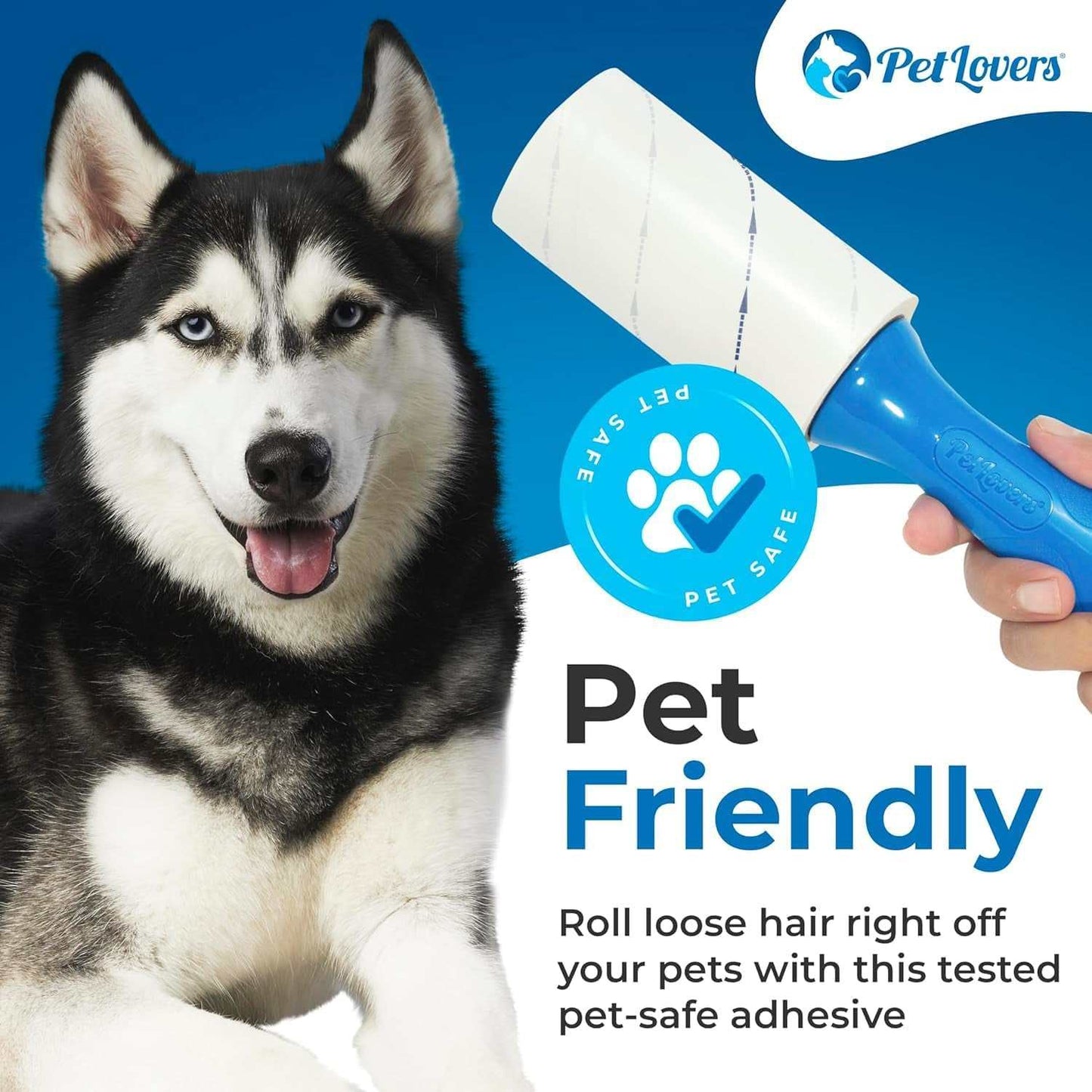 Pet Hair Removal Lint Roller with extra sticky sheets for removing pet hair from clothes and furniture, pet-safe adhesive, ergonomic handle, 5-pack set.