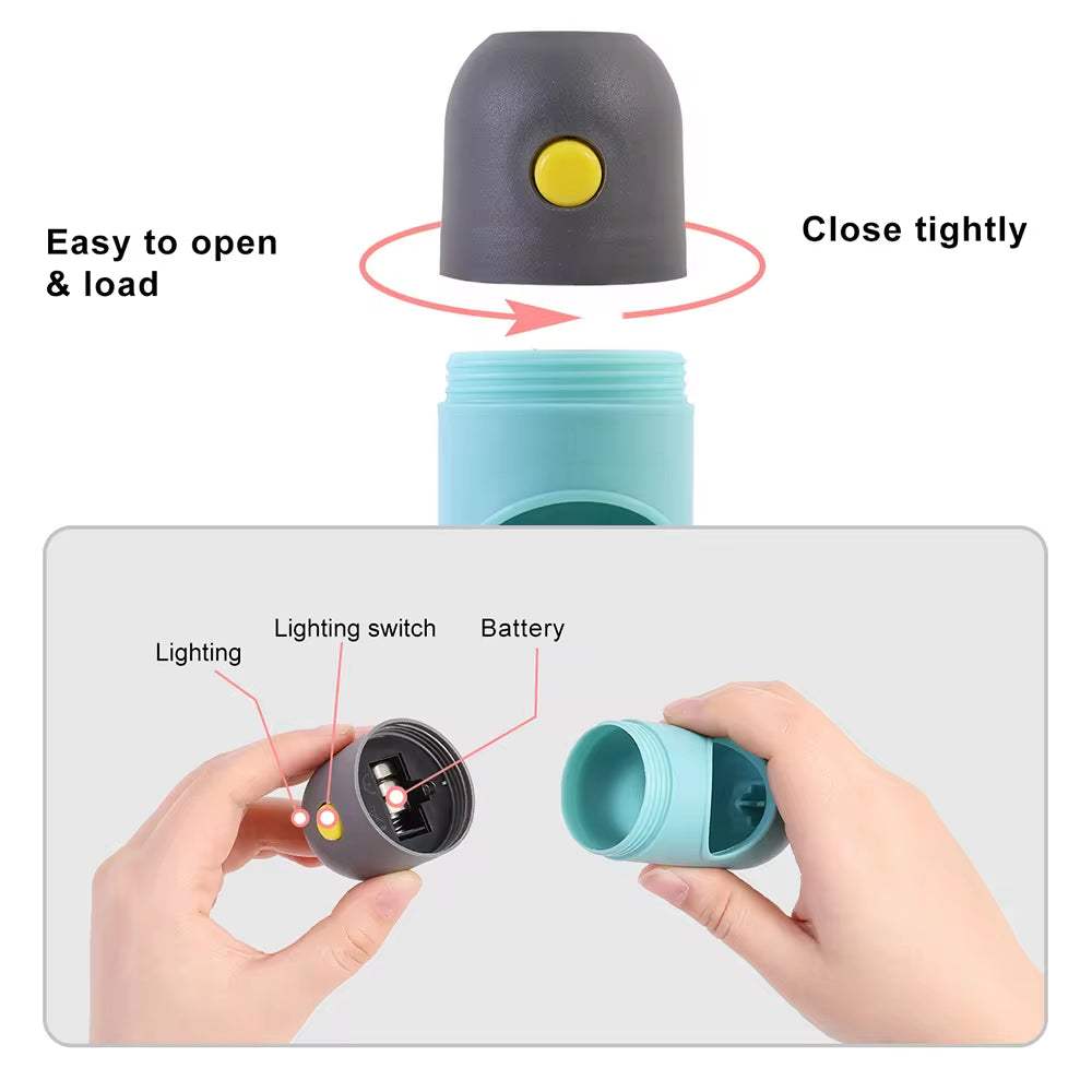Portable dog poop bag dispenser with built-in LED light and eco-friendly degradable bags for night walks