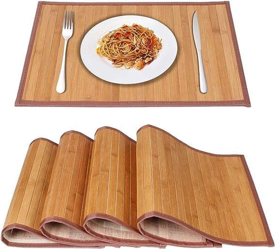 Bamboo Table Mat set of 4 in natural finish with utensils and plate.