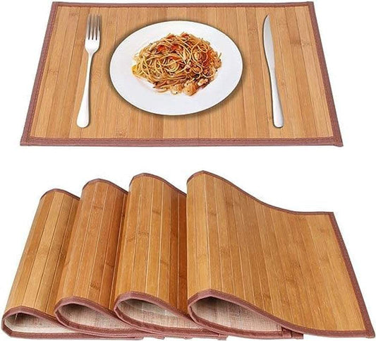 Bamboo Table Mat set of 4 in natural finish with utensils and plate.