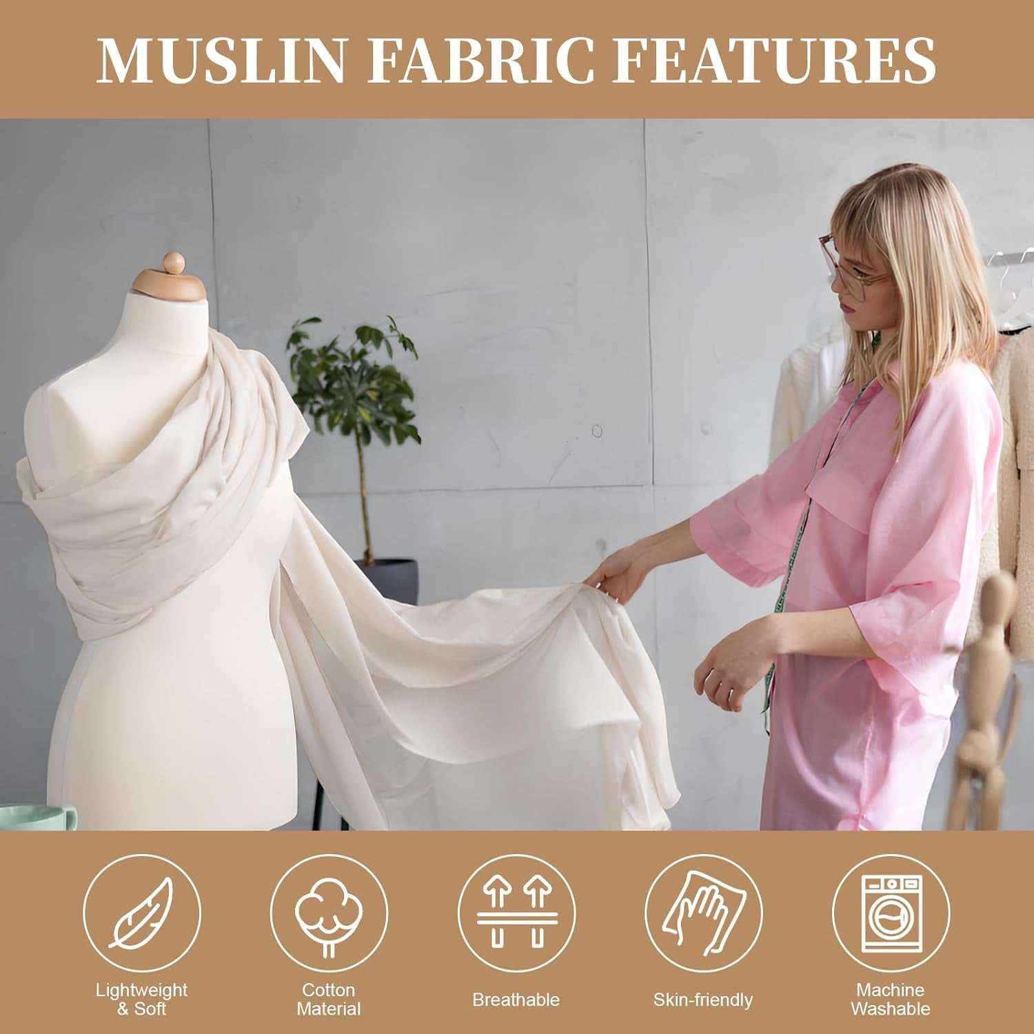 Cotton muslin fabric features lightweight, breathable, and skin-friendly qualities for sewing and crafts.