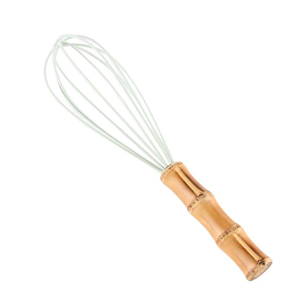 Bamboo kitchenware root silicone whisk with ergonomic handle, eco-friendly kitchen utensil.