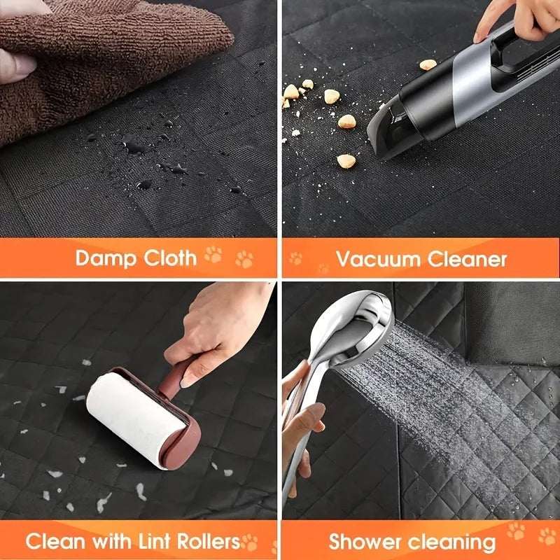 Dog scratch-resistant hammock car seat cover showing waterproof fabric being cleaned with damp cloth, vacuum cleaner, lint roller, and shower water spray.