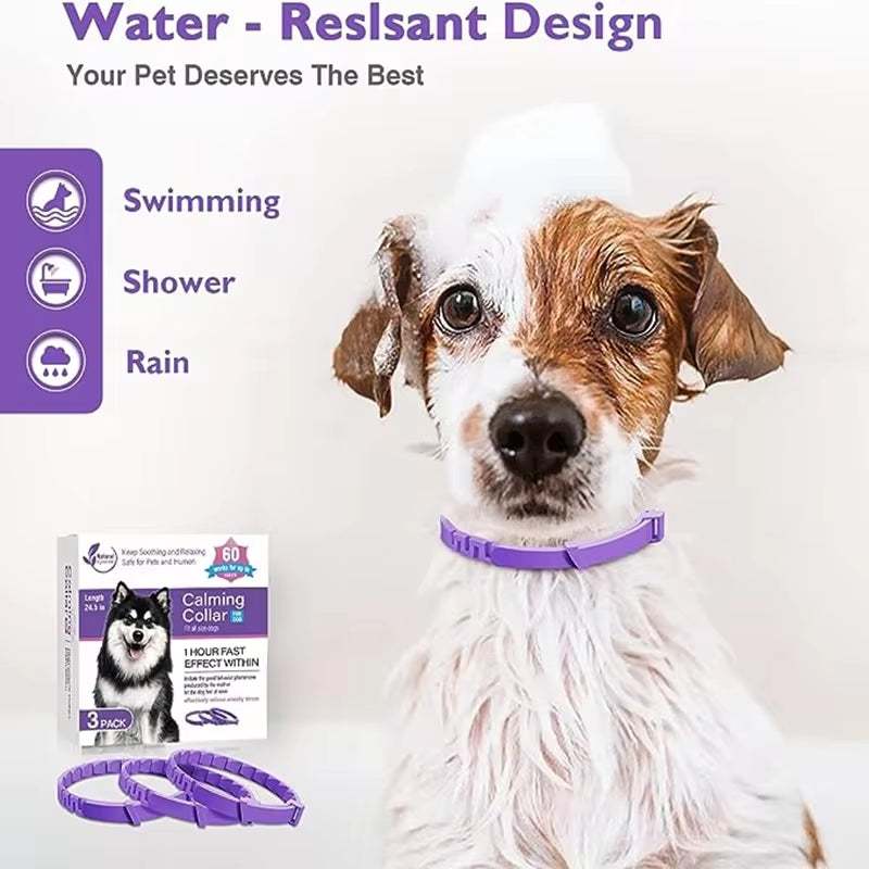 Calming pheromone collar for dogs, featuring a water-resistant design, ideal for reducing anxiety during swimming, showers, and rain.