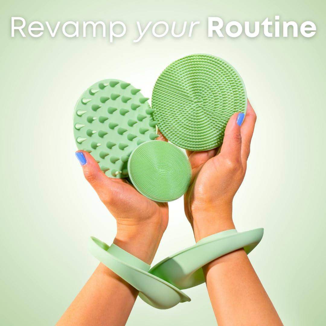 Sage green skincare spa set with silicone body and face buffers for teen girls' routine.