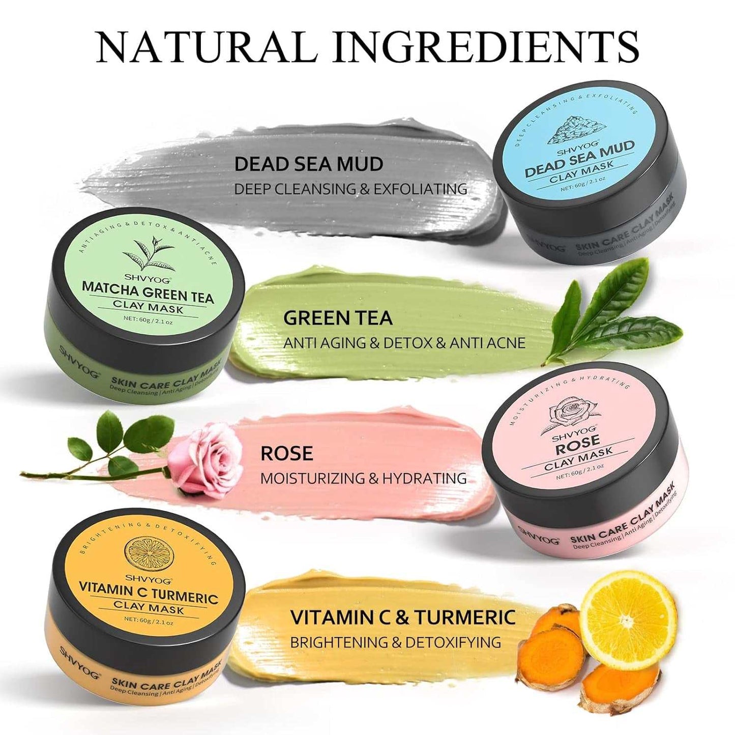 Four-piece clay facial mask set with Dead Sea Mud, Green Tea, Rose, and Vitamin C & Turmeric masks for deep cleansing, hydration, and brightening.