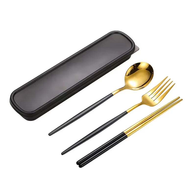 Eco-friendly stainless steel cutlery set with spoon, fork, and chopsticks in a black case.