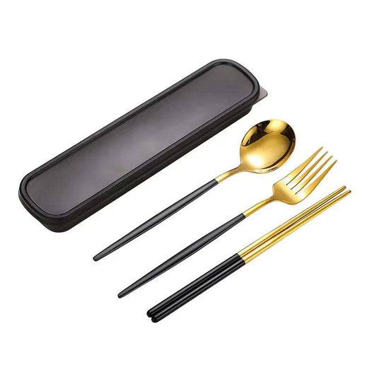 Eco-friendly stainless steel cutlery set with spoon, fork, and chopsticks in a black case.
