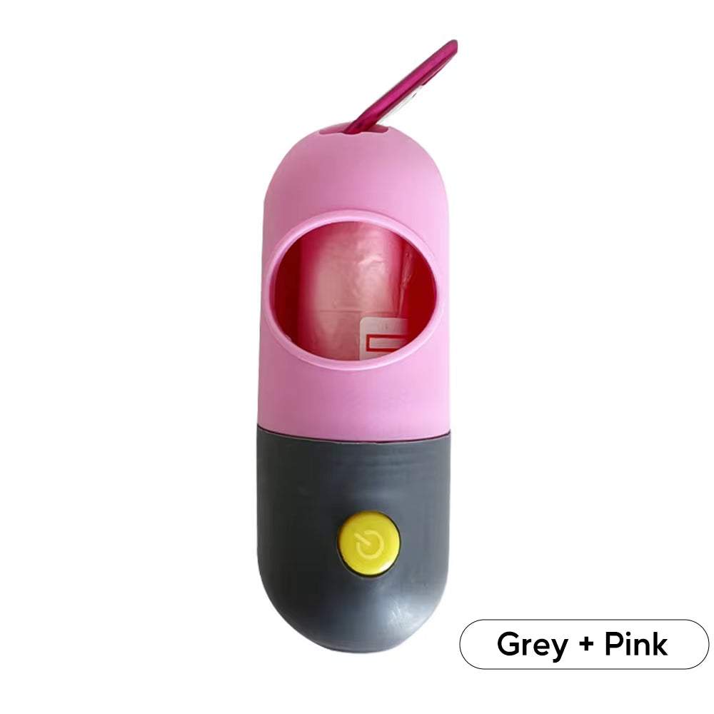 Portable dog poop bag dispenser with built-in LED light in grey and pink for nighttime walks