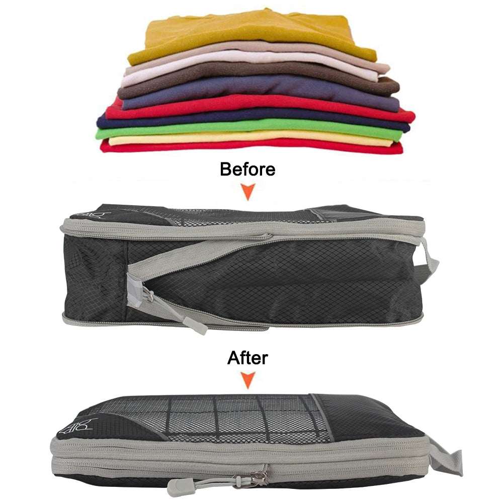 Travel storage organizer set showing before and after compression with folded clothes stacked on top.