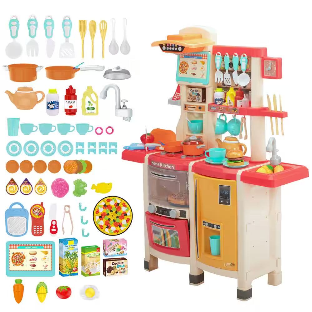 Kids kitchen playset with pink design, realistic accessories, and non-toxic materials for imaginative cooking play.