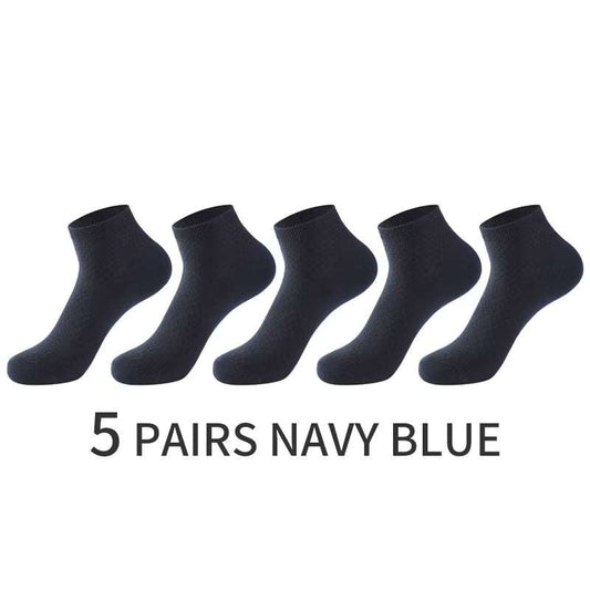 Navy blue men's breathable dress socks, bamboo fiber, pack of 5 pairs, low-cut ankle design, eco-friendly and odor-resistant.