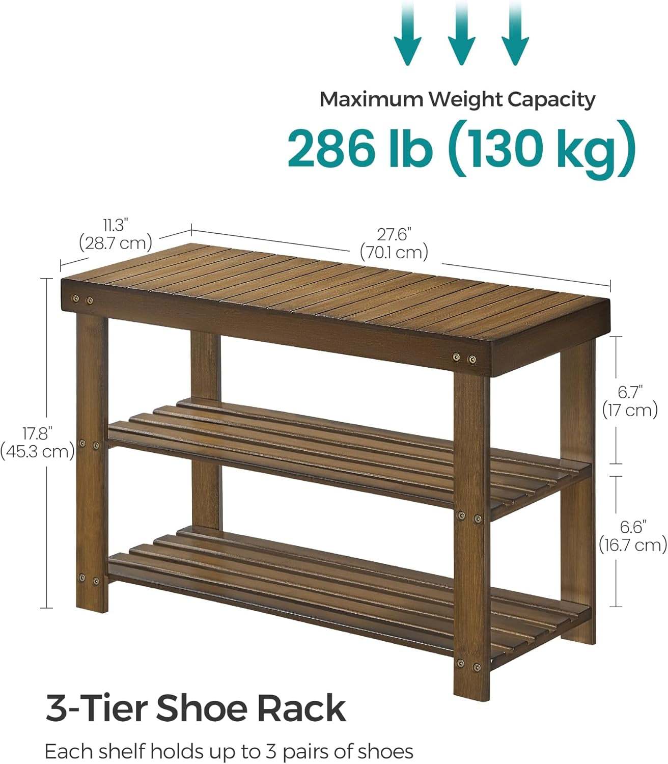 Stylish three-tier bamboo shoe rack bench with seating, sturdy natural bamboo design, 286 lb weight capacity.