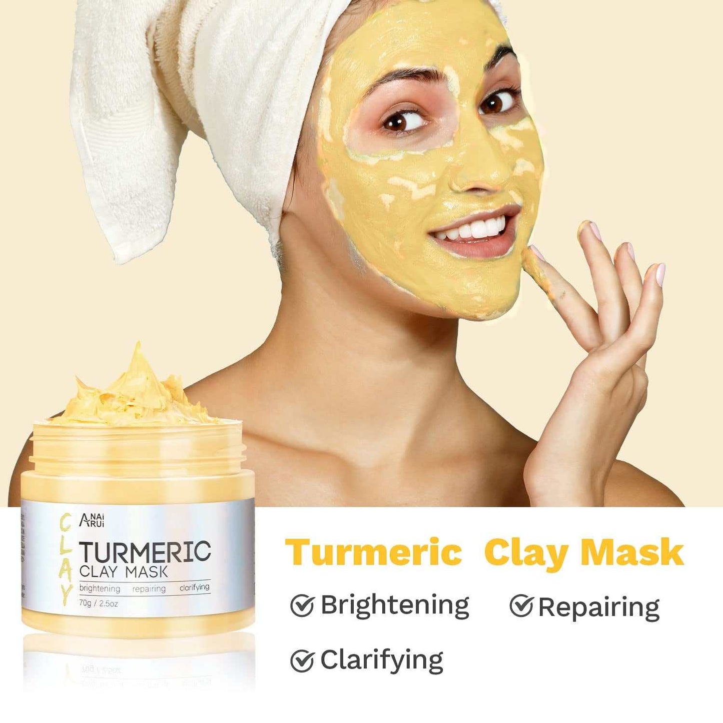 Woman applying turmeric clay mask for deep cleansing with brightening and repairing benefits, next to open jar of turmeric clay mask cream