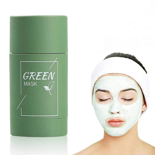 Green Tea Clay blackhead remover mask stick and woman with green clay mask on face