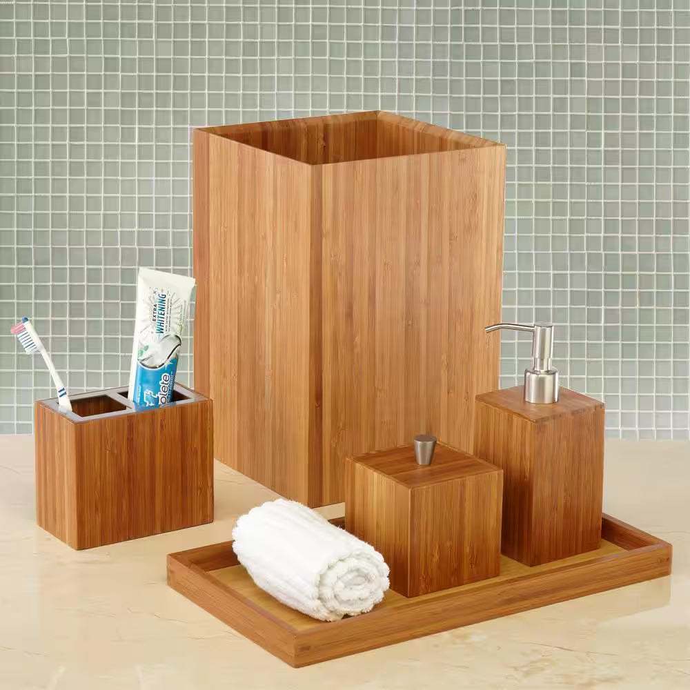 Bamboo Waste Basket 5-piece set including wastebasket, pump dispenser, toothbrush holder, cotton swab container, and towel holder, showcasing natural bamboo finish.