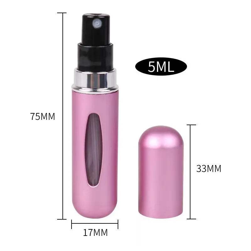 Portable 5ml refillable perfume spray bottle in pink with leak-proof design for travel and daily use