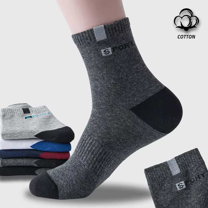 Breathable cotton sport socks for men with high elastic design and moisture-wicking properties, shown in assorted colors with letter patterns.