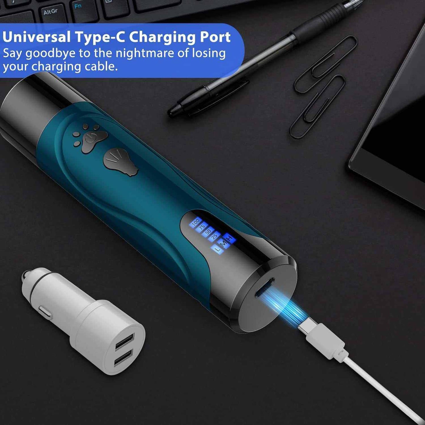 Dog rechargeable nail grinder kit with universal Type-C charging port and LED display on black surface next to pen, paper clips, and USB car charger.
