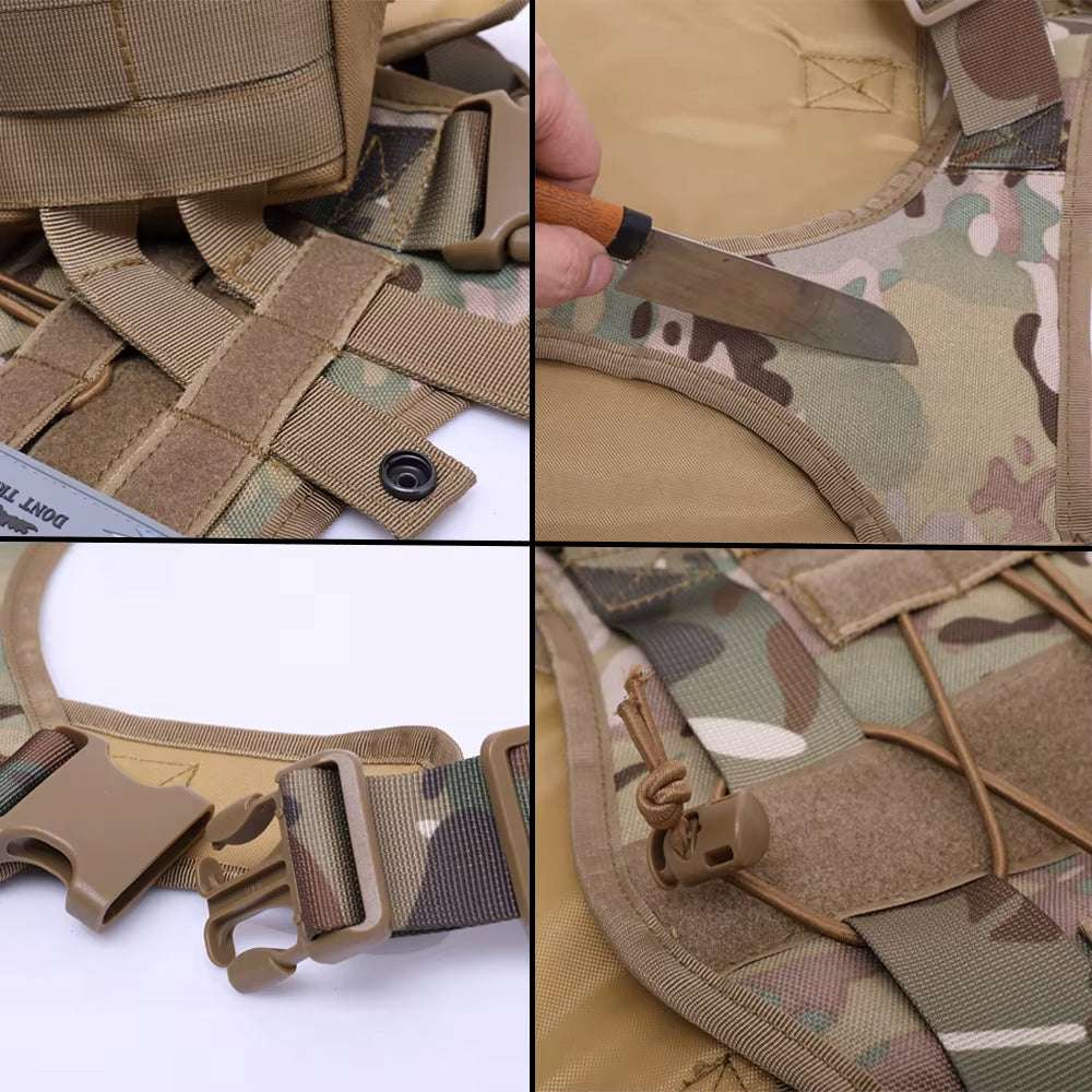 Tactical dog harness with heavy-duty nylon, adjustable straps, MOLLE webbing, quick-release buckles, and camouflage design for medium to large active dogs.