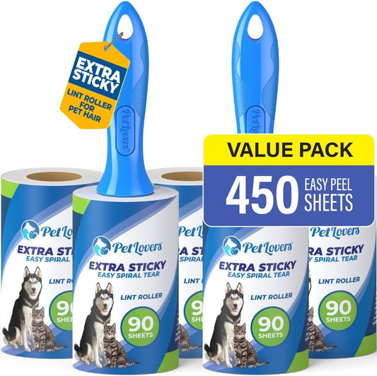Pet Hair Removal Lint Roller 5-pack with 450 extra sticky sheets for removing pet hair, lint, and dust from clothes, furniture, and car interiors.