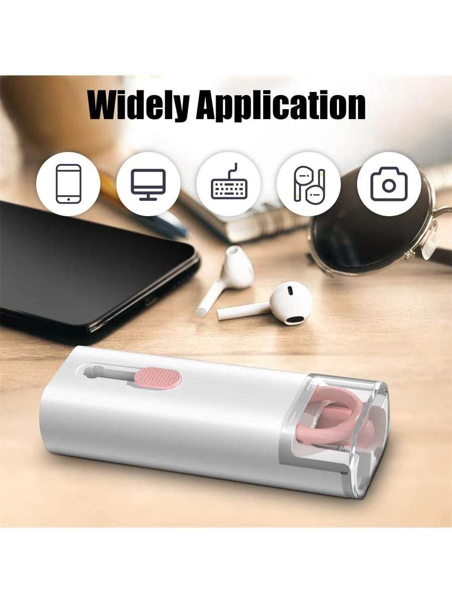 Pink 7-In-1 electronic cleaning kit with brush and pen for keyboards, headphones, and devices in transparent case
