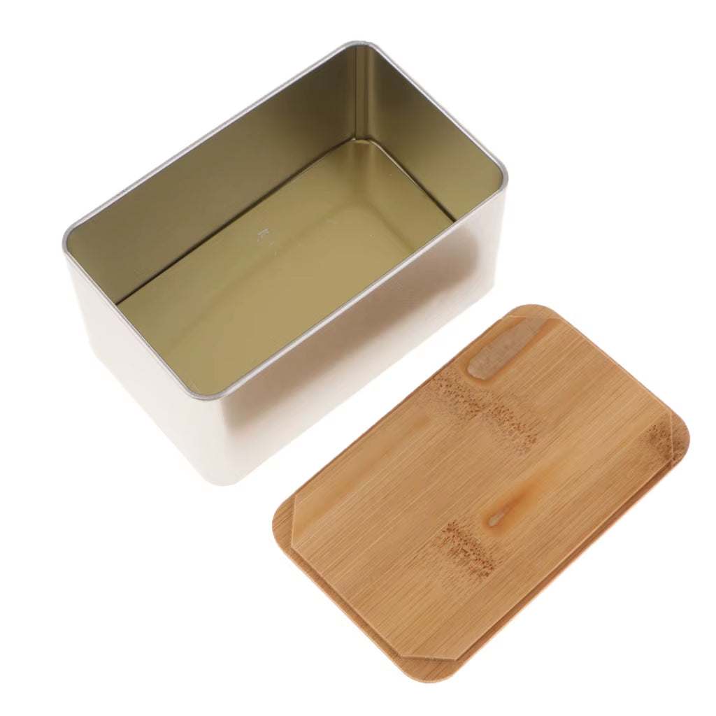 Kitchen metal storage box with bamboo lid for airtight food organization and freshness preservation.