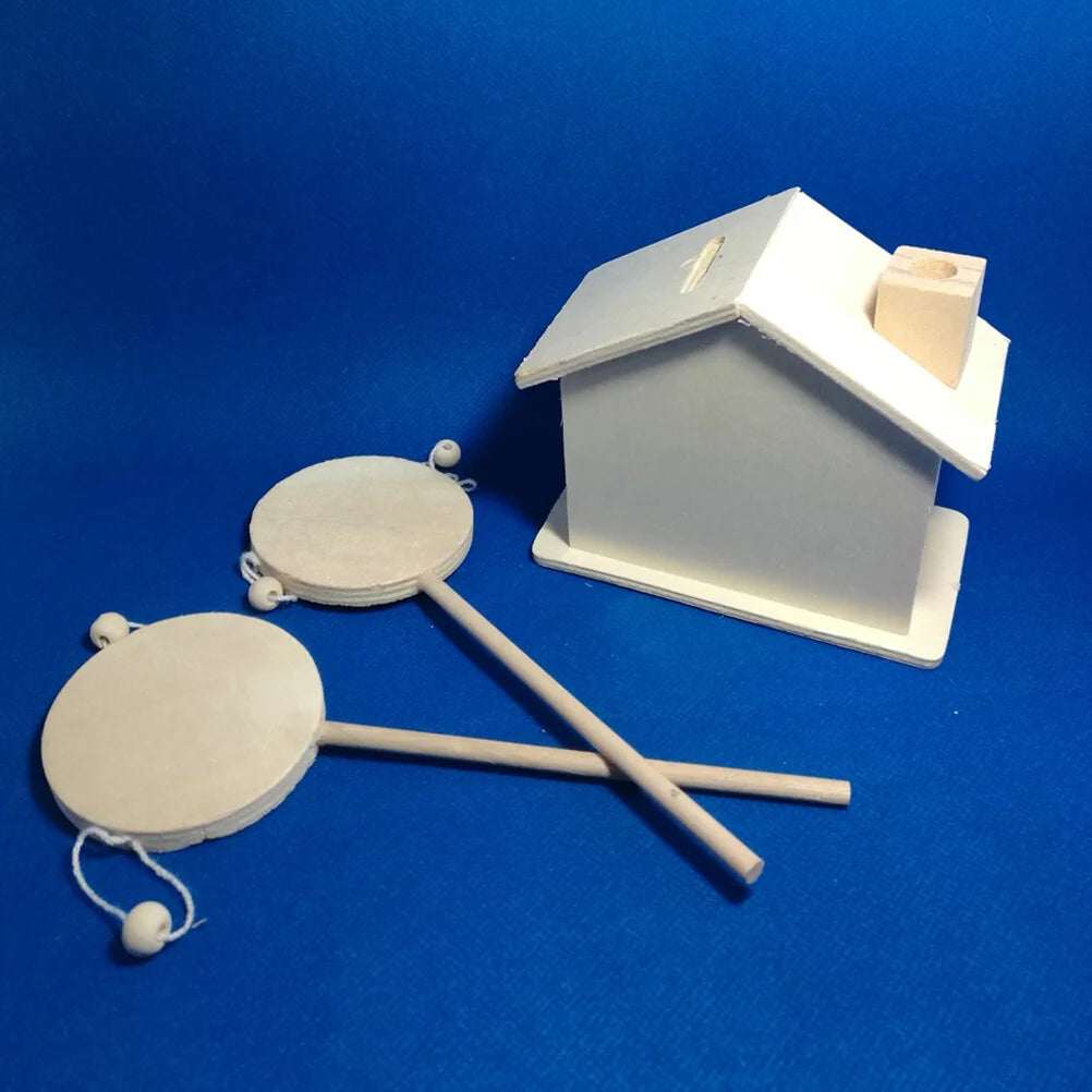 DIY Rattle-Drum Wooden Shaking Toy Kit with Unfinished Drums and House Model, Perfect for Crafting and Creativity Development.