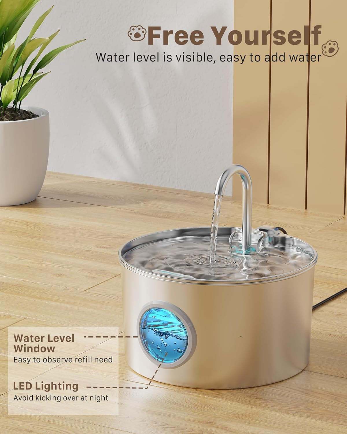 Pet stainless steel water fountain with LED lighting and water level window for cats and small animals