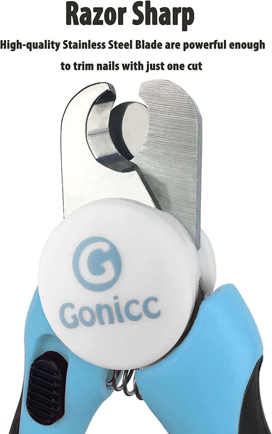 Dog nail clipper with razor-sharp stainless steel blades and ergonomic non-slip blue handle for safe grooming