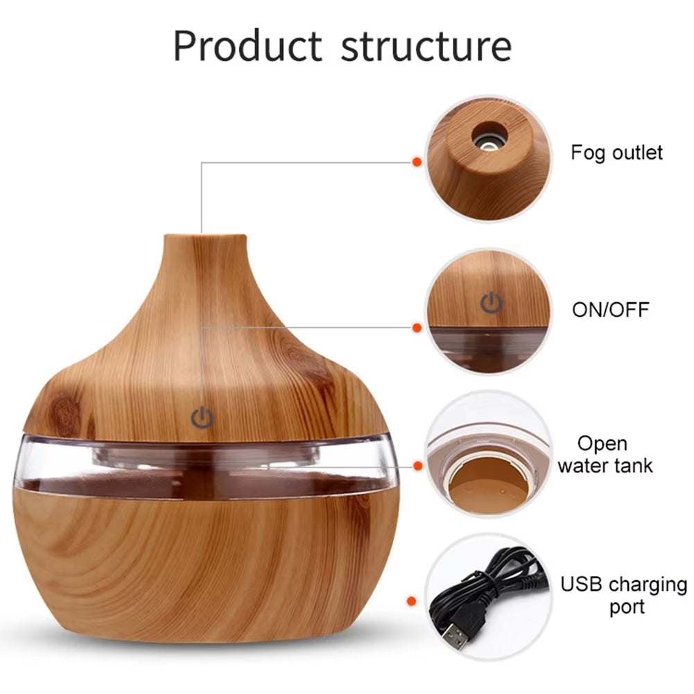 Portable USB mini air humidifier with wood grain design, silent operation, USB charging port, and easy one-button control.