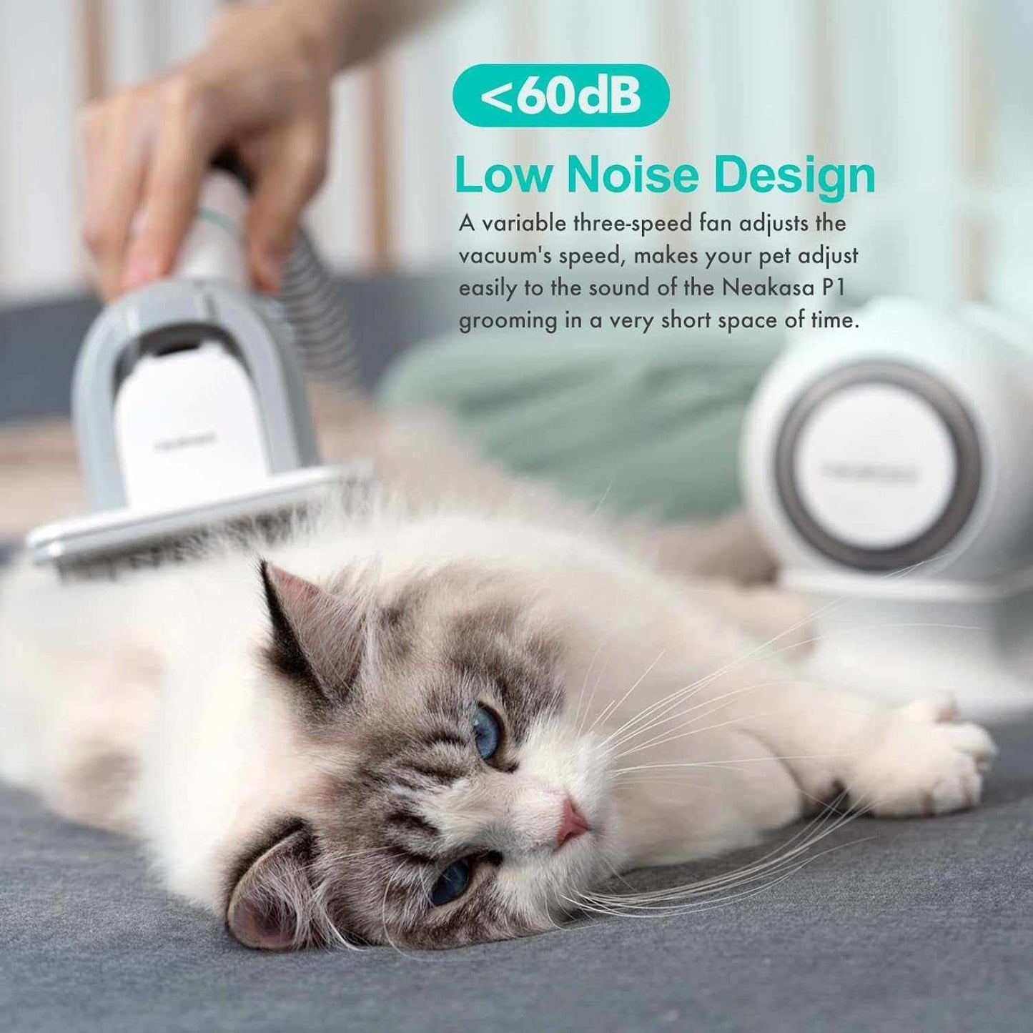 Pet grooming vacuum with low noise design gently grooming a relaxed cat with vacuum suction tool