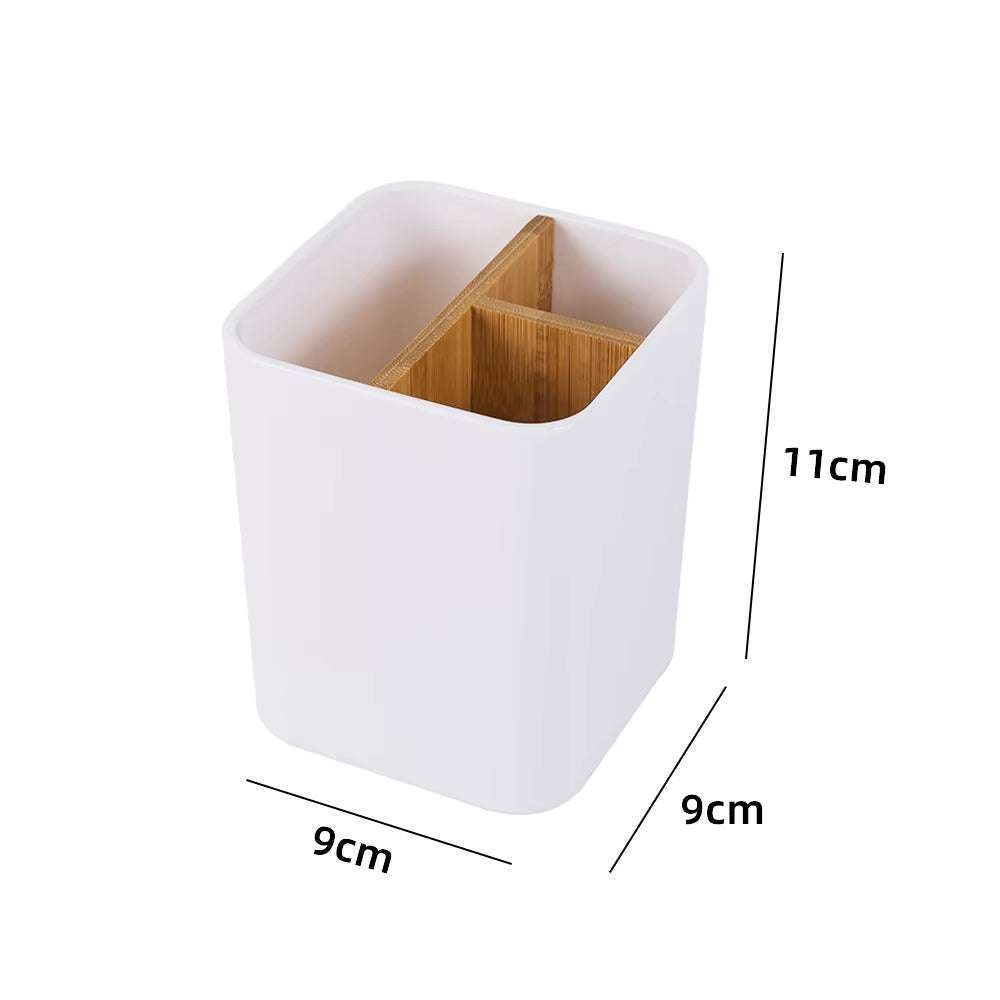 Compact bamboo toothbrush holder and razor organizer with natural finish for bathroom countertop