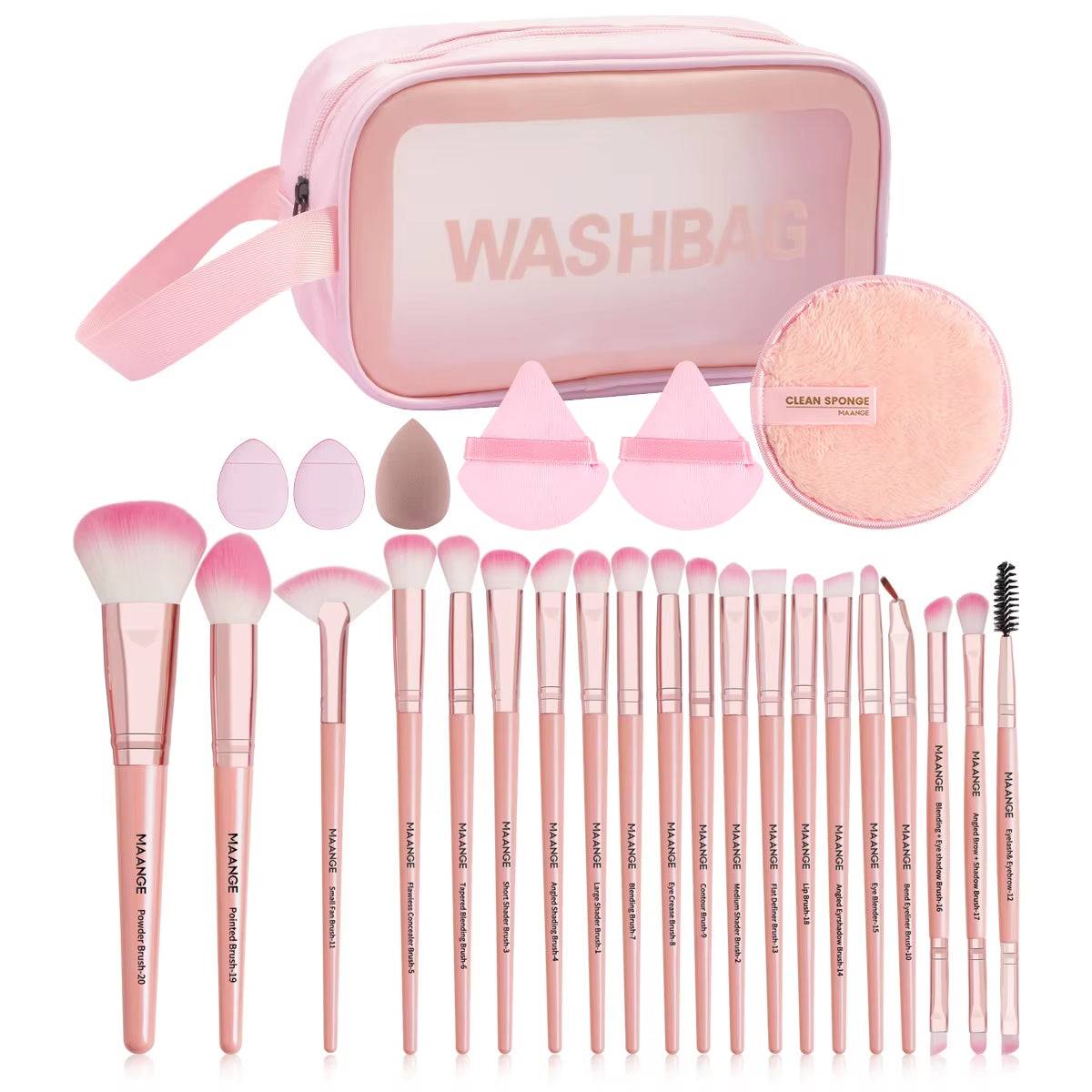 27-piece makeup tools kit with 20 professional brushes, pink travel bag, and puffs for flawless application and easy portability.