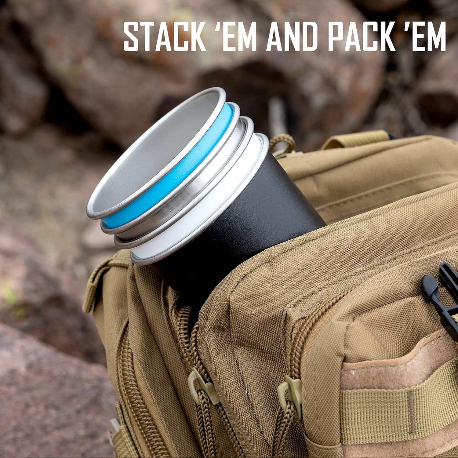 Stackable eco-friendly metal drinking glasses on a backpack.