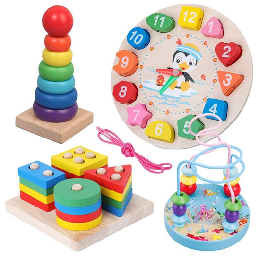 Kids wooden Montessori stacking toy set with colorful shapes for early childhood development and learning.