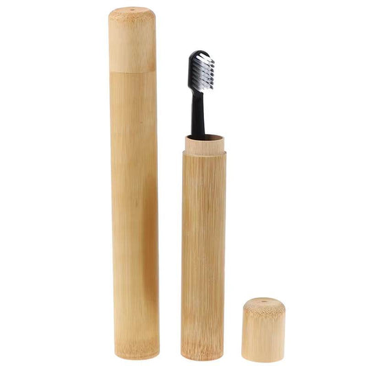 Portable travel bamboo toothbrush tube in natural bamboo, eco-friendly and travel-friendly design.