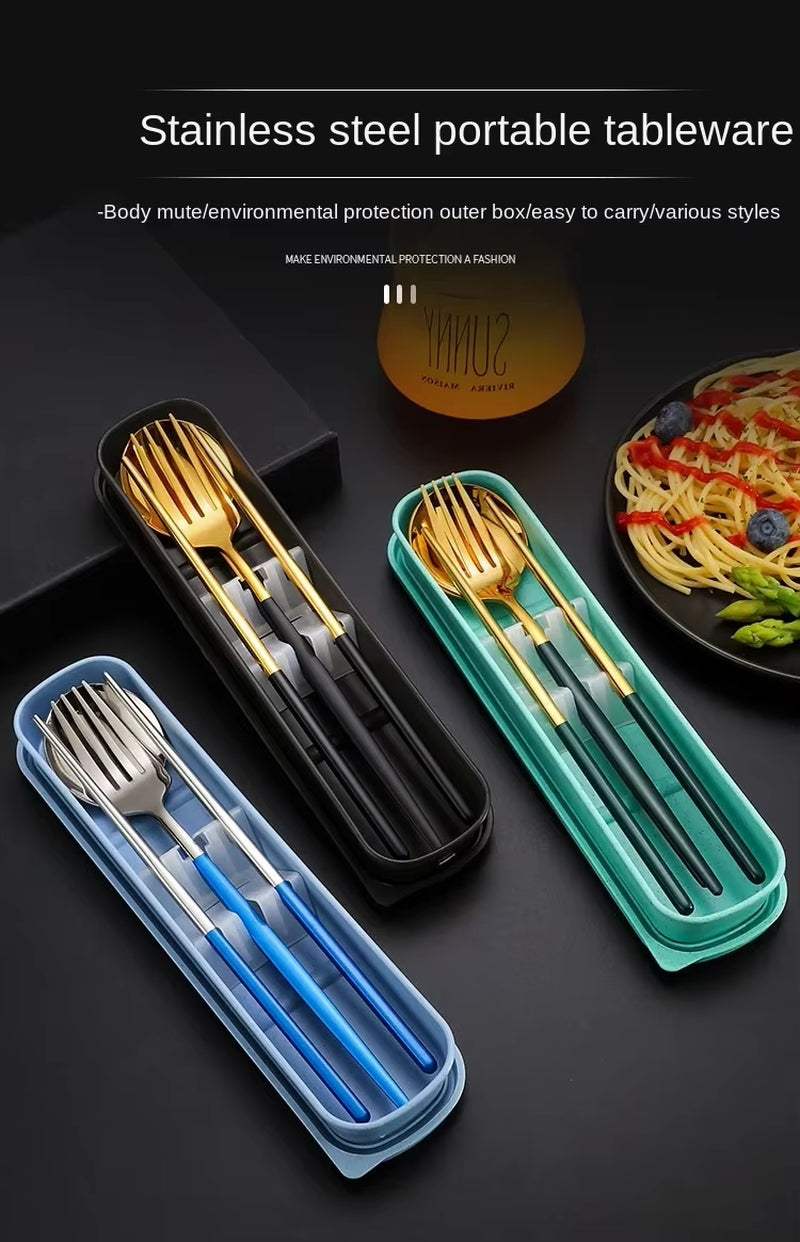 Eco-friendly stainless steel cutlery set with spoon, fork, and chopsticks, available in multiple colors for travel and everyday use.