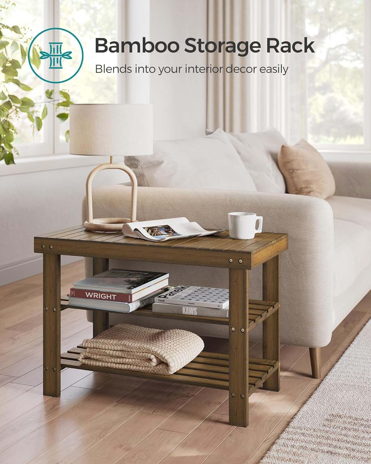 Stylish three-tier bamboo shoe rack bench with storage, natural finish, in cozy living room setting.