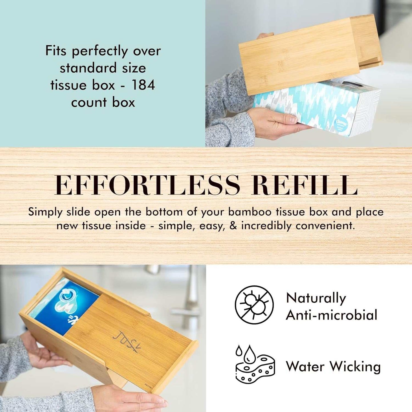 Wooden Tissue Box with sliding bottom for easy refill, fits standard 184-count tissue boxes, eco-friendly bamboo design.