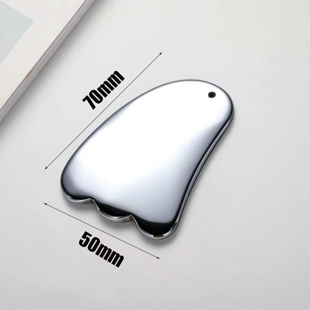 Terahertz gua sha scraper facial massager for skincare, measuring 70mm by 50mm, made from cooling terahertz stone for lymphatic drainage and skin lifting.