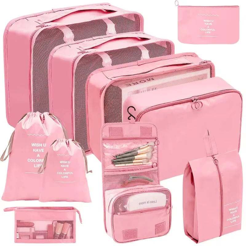 Pink travel organizer storage bag set, includes multiple sizes of packing cubes, laundry bags, and accessory cases for efficient packing, lightweight and water-resistant.