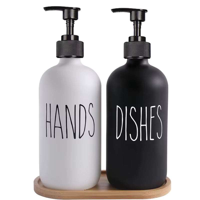500ML soap and dish pump set with one-handed operation and sponge holder on a wooden tray